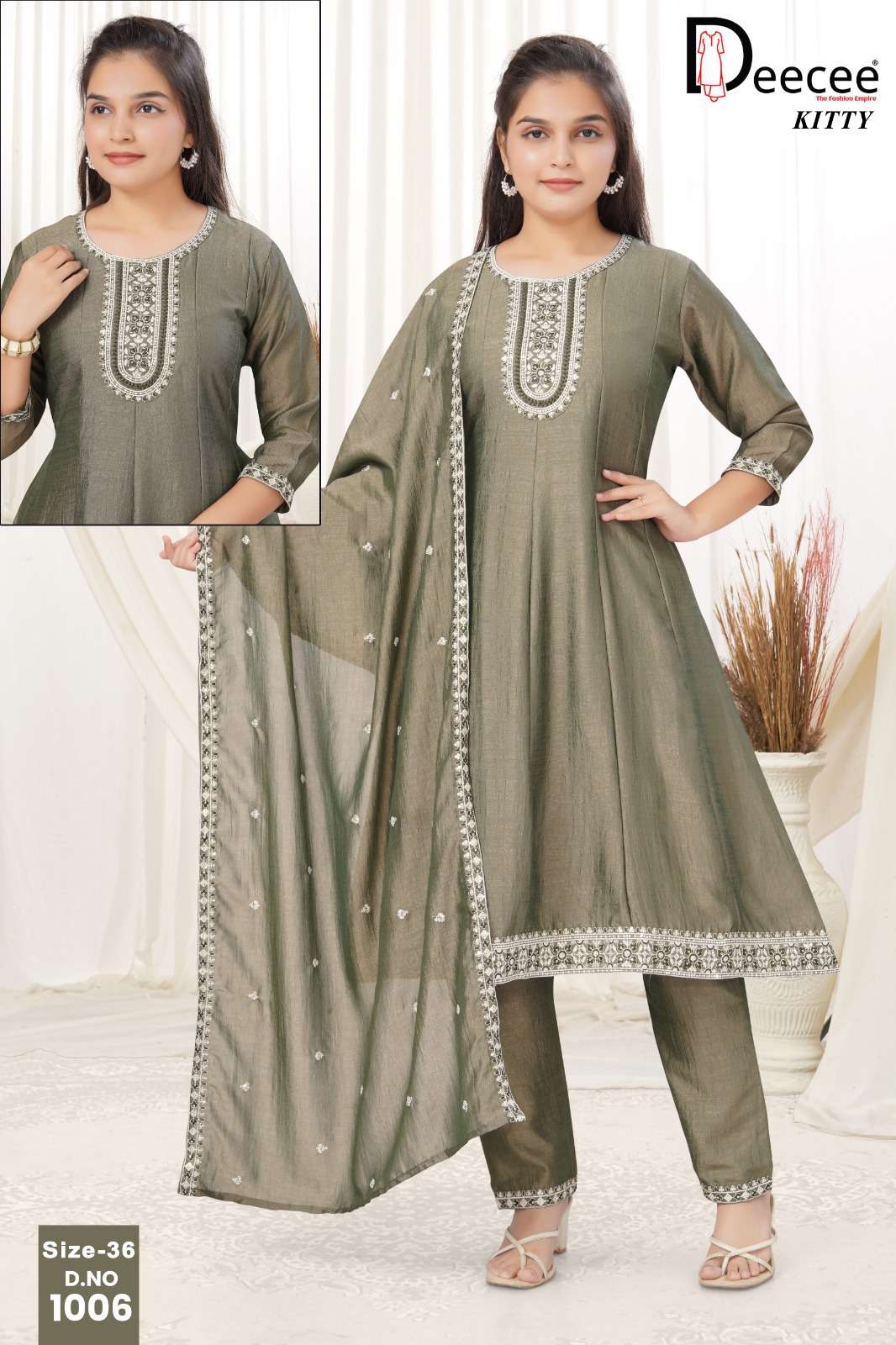 Dee Cee Kitty Vichitra Silk Embroidered Kurti Pant Dupatta Set