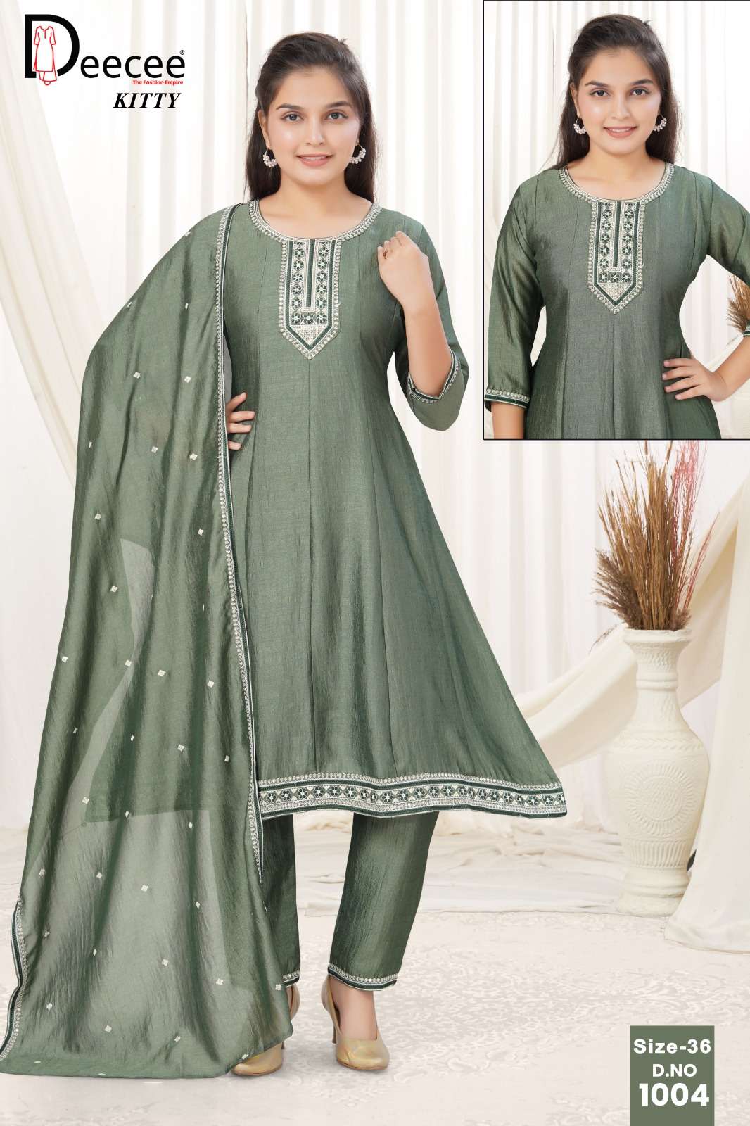 Dee Cee Kitty Vichitra Silk Embroidered Kurti Pant Dupatta Set