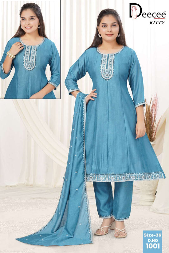 Dee Cee Kitty Vichitra Silk Embroidered Kurti Pant Dupatta Set