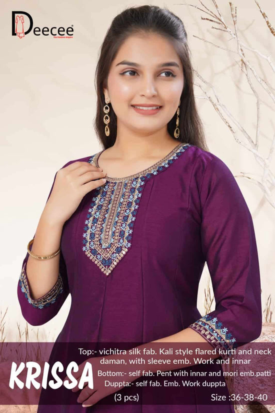 Dee Cee Krissa Vichitra Silk Embroidered Kali Style Kurti Pant Dupatta Set