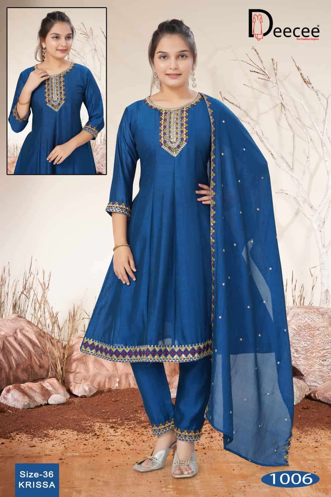 Dee Cee Krissa Vichitra Silk Embroidered Kali Style Kurti Pant Dupatta Set