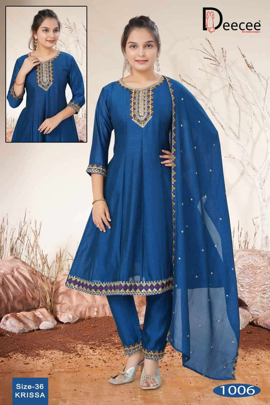 Dee Cee Krissa Vichitra Silk Embroidered Kali Style Kurti Pant Dupatta Set