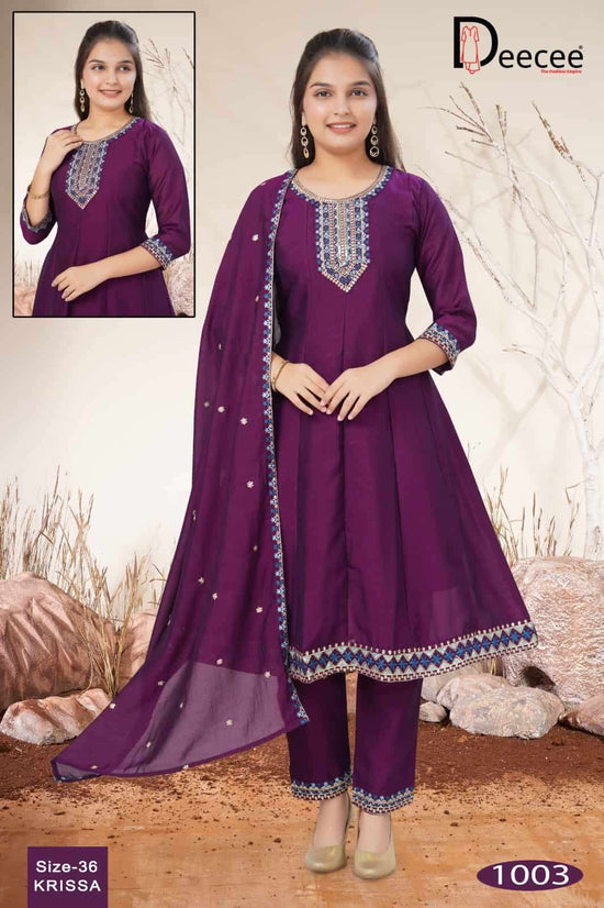 Dee Cee Krissa Vichitra Silk Embroidered Kali Style Kurti Pant Dupatta Set