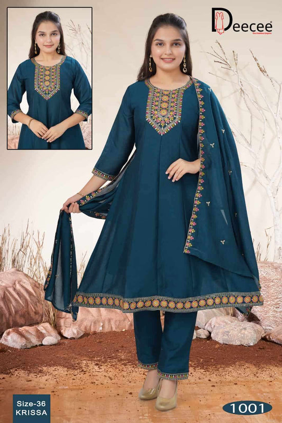 Dee Cee Krissa Vichitra Silk Embroidered Kali Style Kurti Pant Dupatta Set