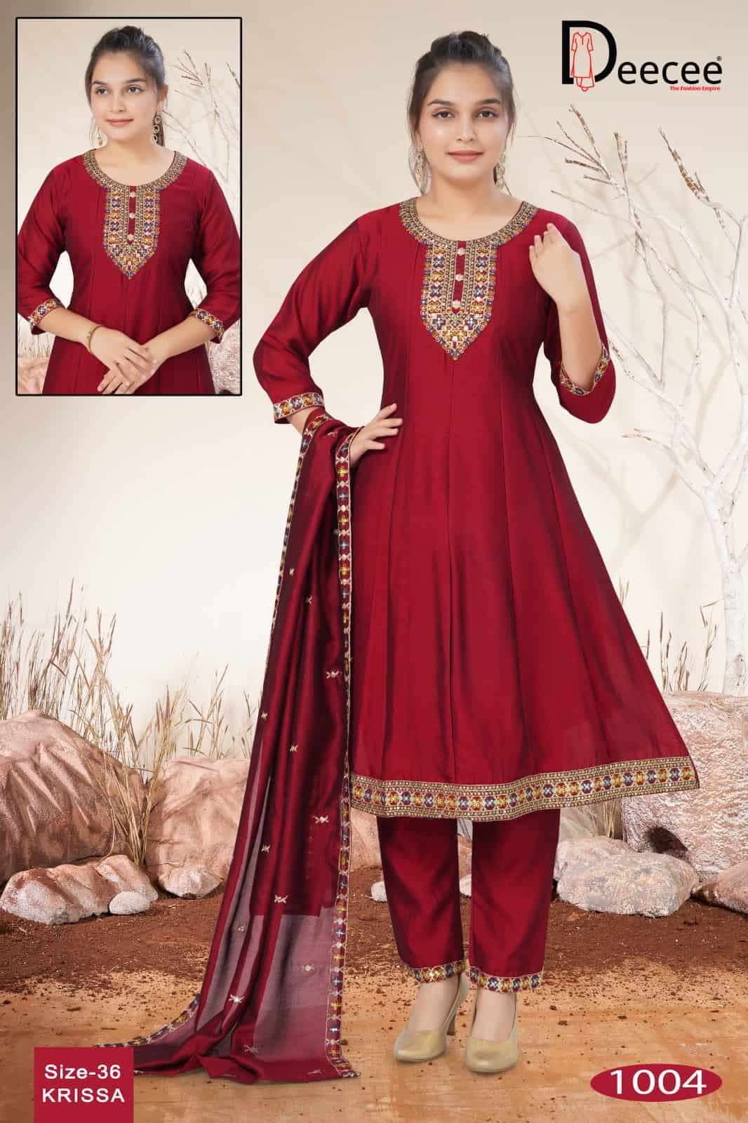 Dee Cee Krissa Vichitra Silk Embroidered Kali Style Kurti Pant Dupatta Set