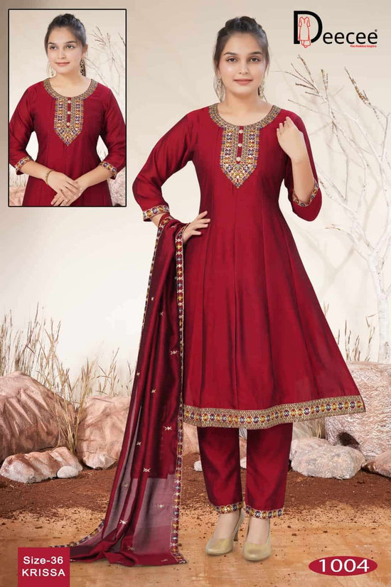 Dee Cee Krissa Vichitra Silk Embroidered Kali Style Kurti Pant Dupatta Set