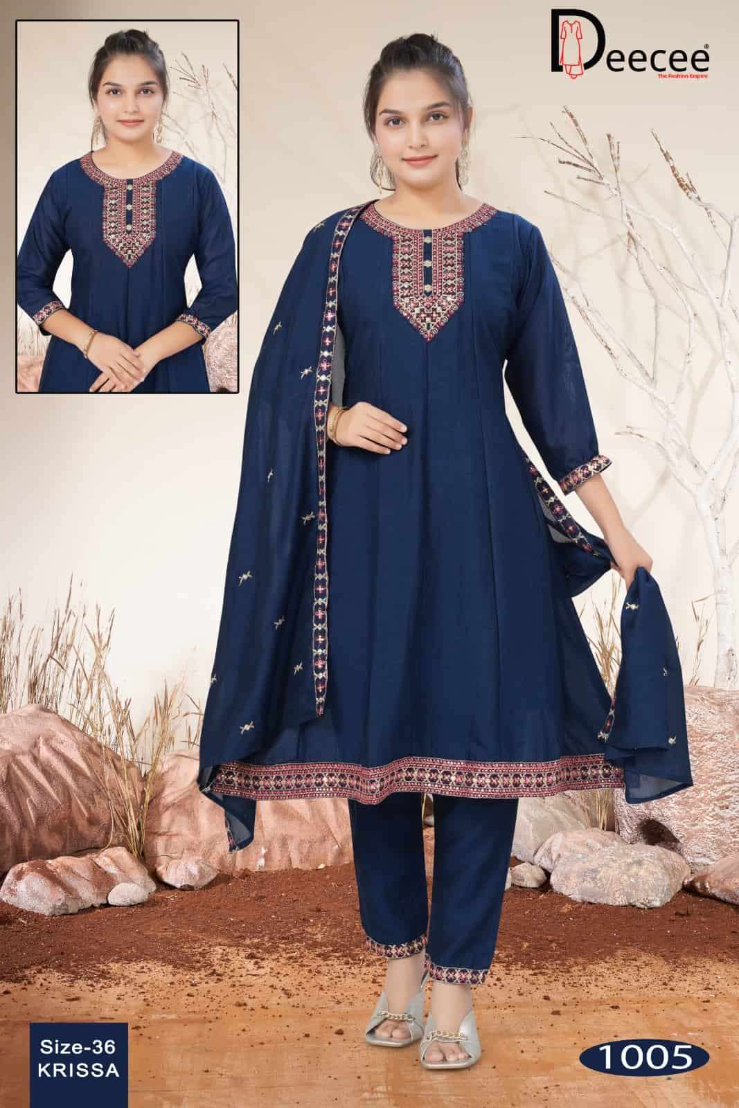 Dee Cee Krissa Vichitra Silk Embroidered Kali Style Kurti Pant Dupatta Set