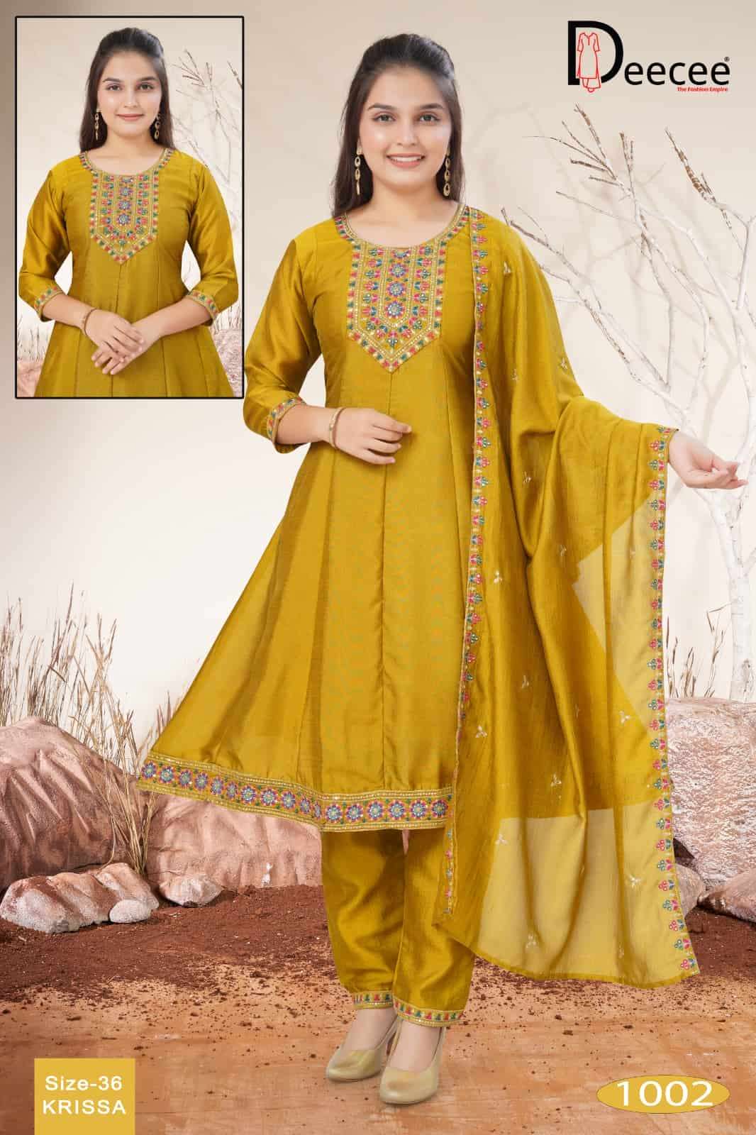 Dee Cee Krissa Vichitra Silk Embroidered Kali Style Kurti Pant Dupatta Set