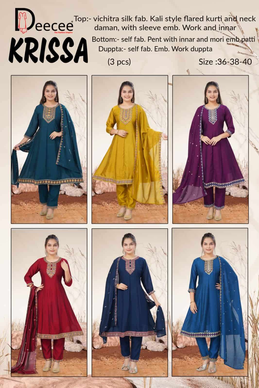 Dee Cee Krissa Vichitra Silk Embroidered Kali Style Kurti Pant Dupatta Set
