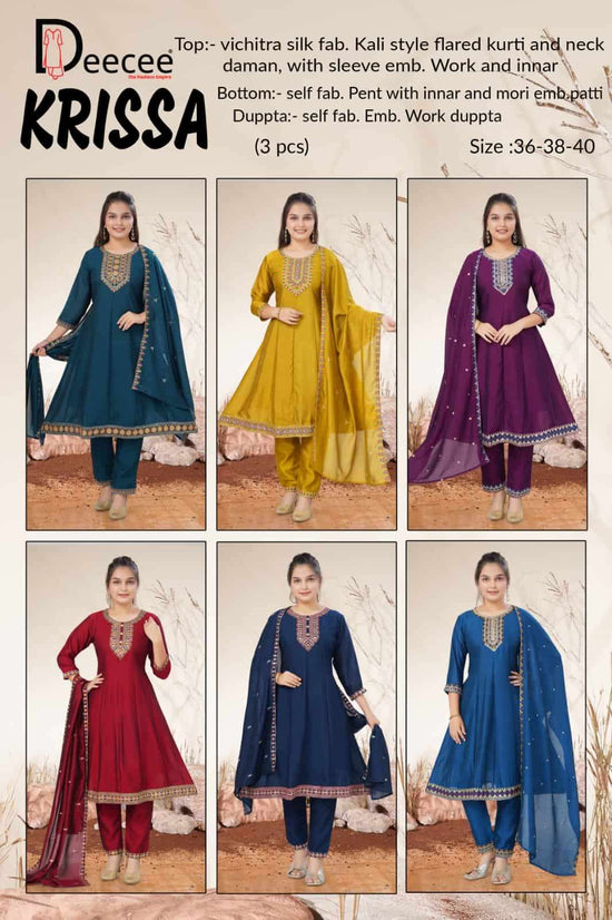 Dee Cee Krissa Vichitra Silk Embroidered Kali Style Kurti Pant Dupatta Set