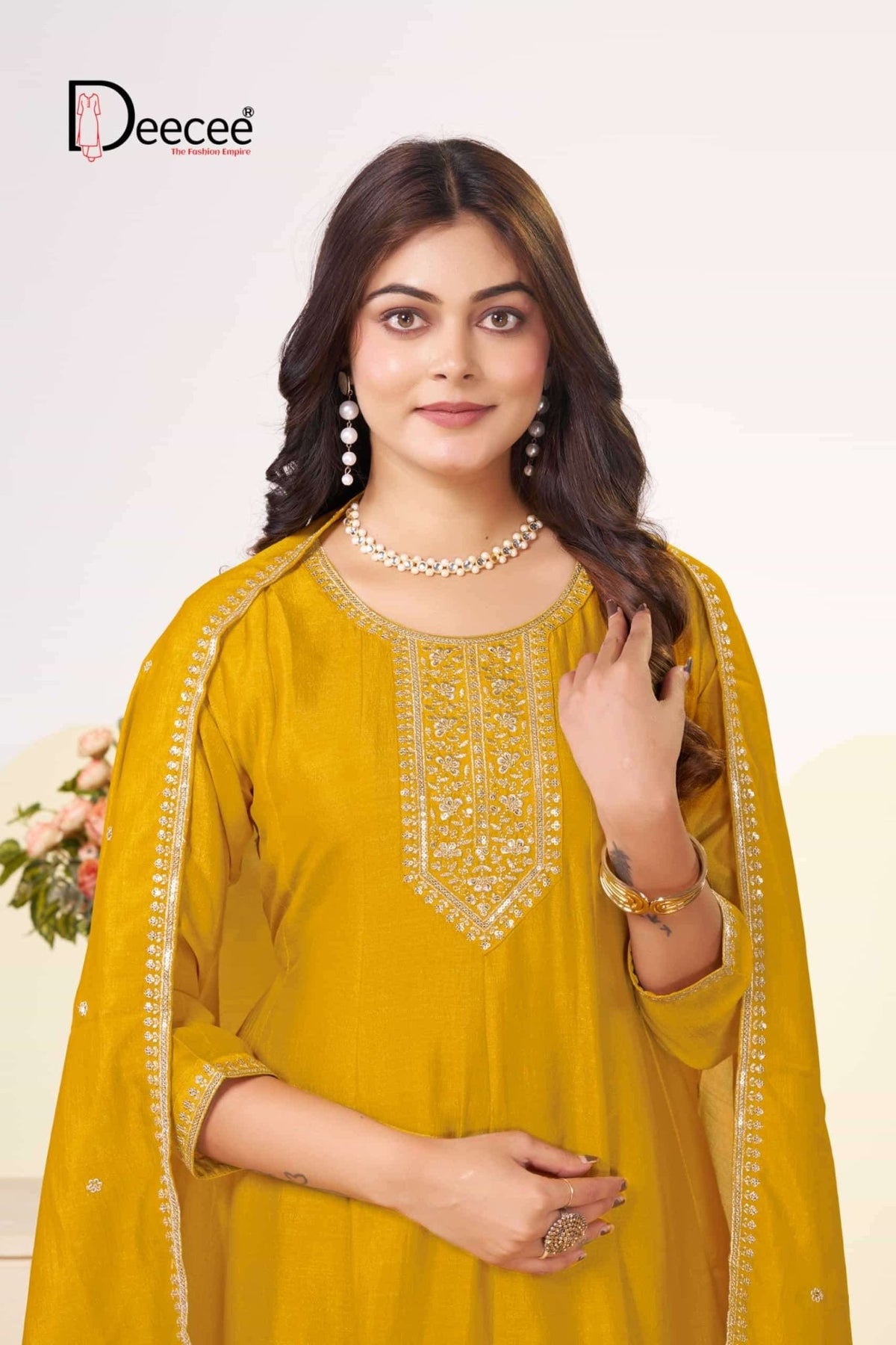 Dee Cee Rajwadi Vichitra Silk Embroidered Anarkali Kurti Pant Dupatta Set - Amrah Wholesale