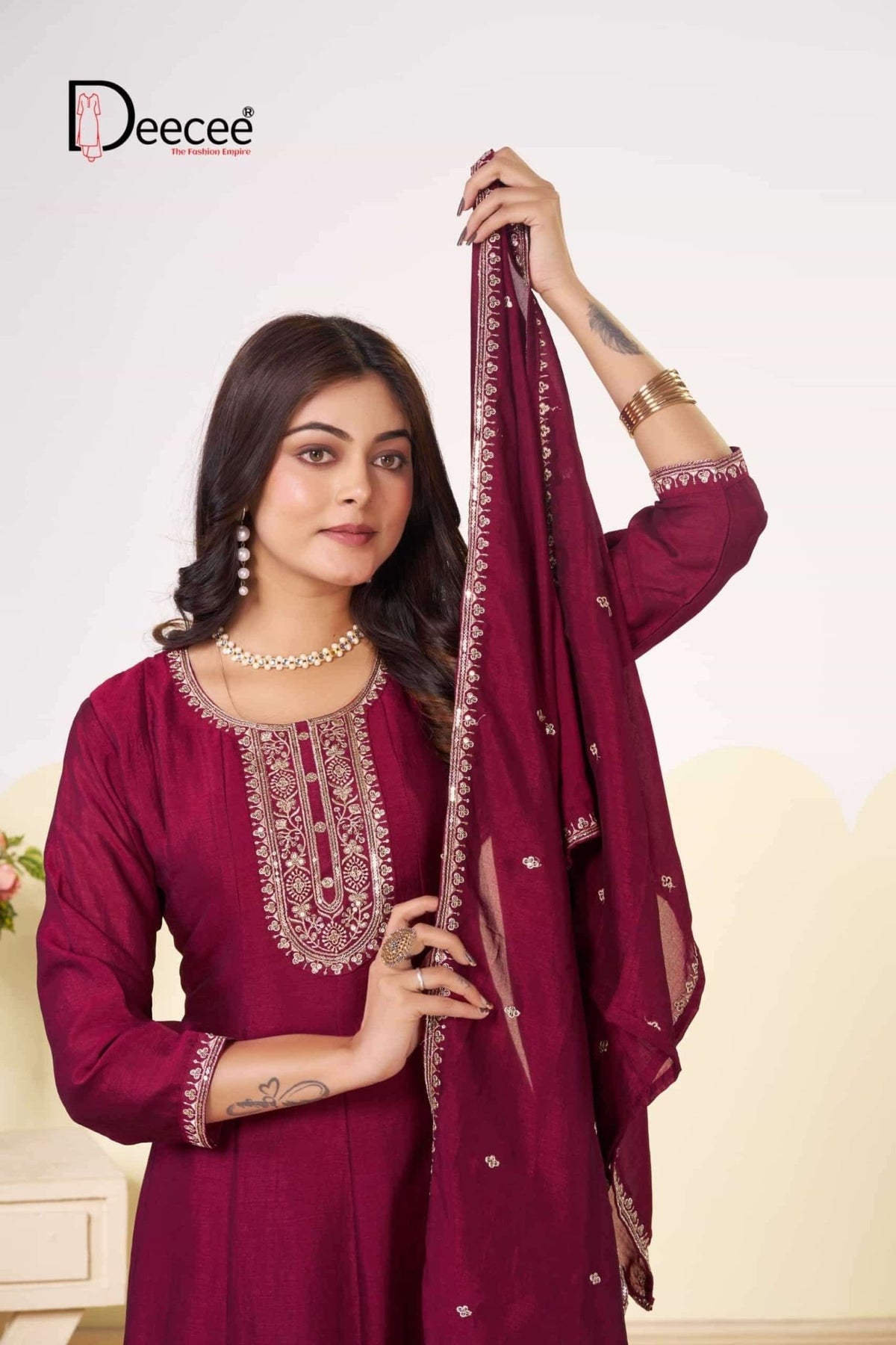 Dee Cee Rajwadi Vichitra Silk Embroidered Anarkali Kurti Pant Dupatta Set - Amrah Wholesale