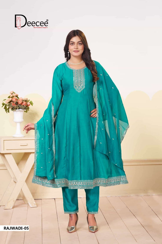 Dee Cee Rajwadi Vichitra Silk Embroidered Anarkali Kurti Pant Dupatta Set - Amrah Wholesale