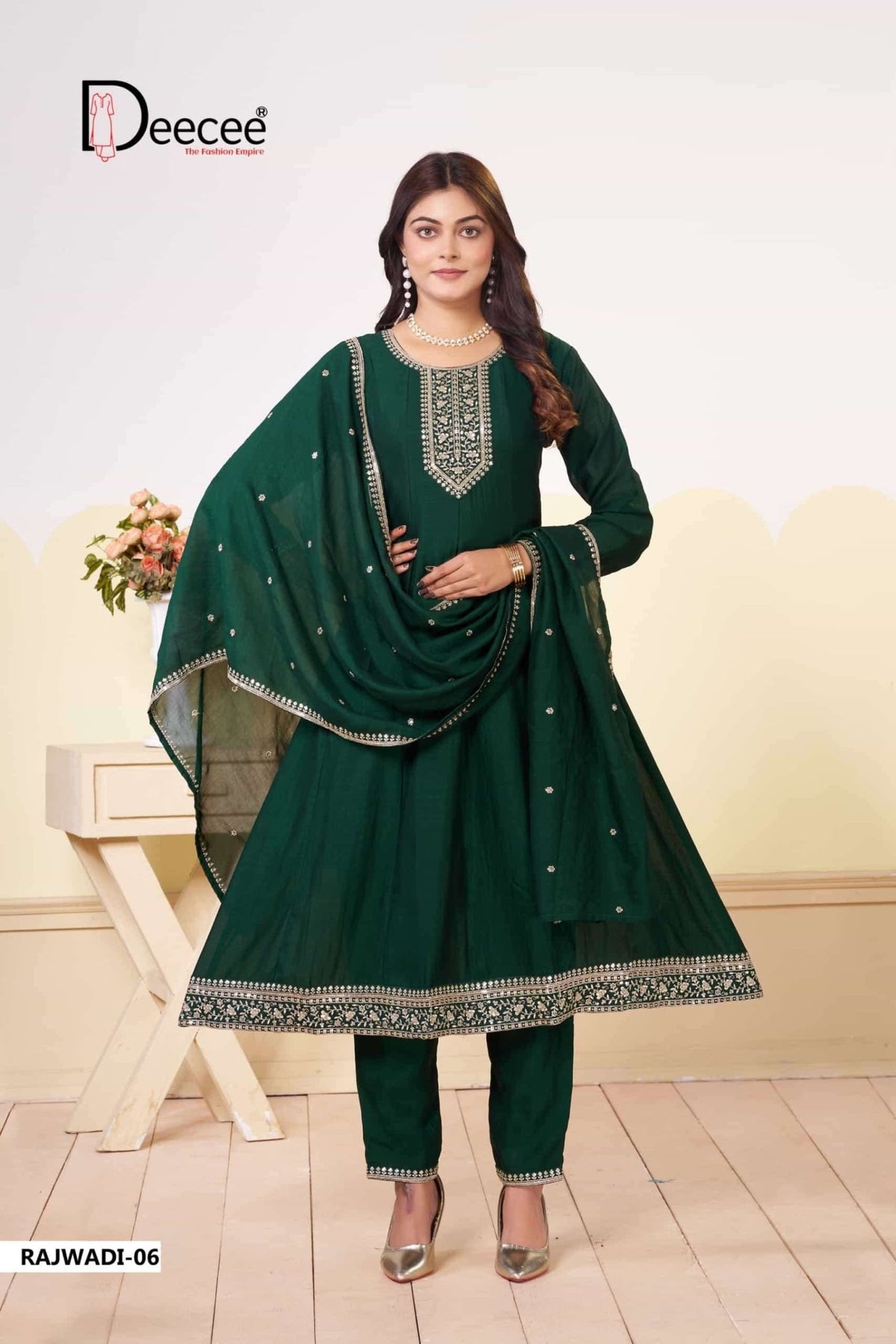 Dee Cee Rajwadi Vichitra Silk Embroidered Anarkali Kurti Pant Dupatta Set - Amrah Wholesale