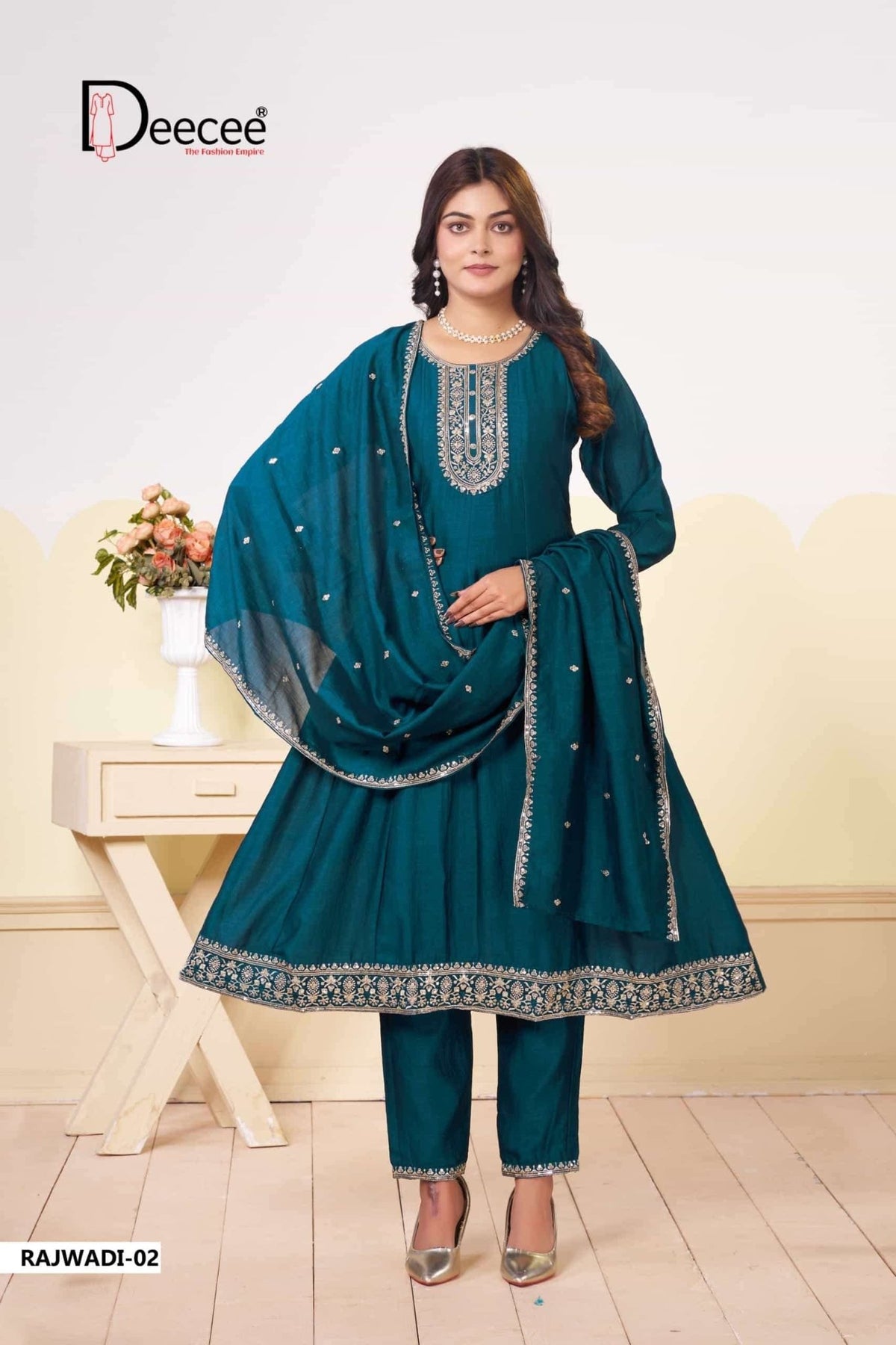 Dee Cee Rajwadi Vichitra Silk Embroidered Anarkali Kurti Pant Dupatta Set - Amrah Wholesale