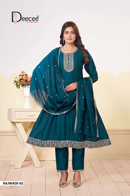 Dee Cee Rajwadi Vichitra Silk Embroidered Anarkali Kurti Pant Dupatta Set - Amrah Wholesale