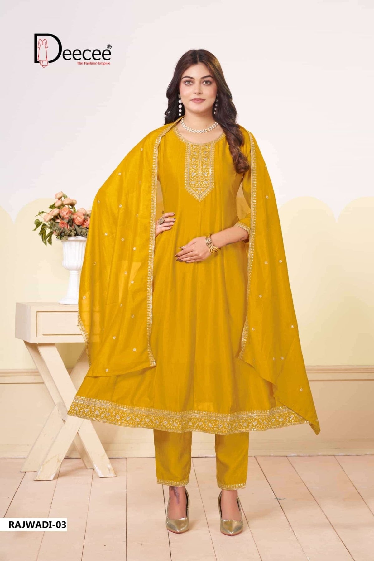 Dee Cee Rajwadi Vichitra Silk Embroidered Anarkali Kurti Pant Dupatta Set - Amrah Wholesale