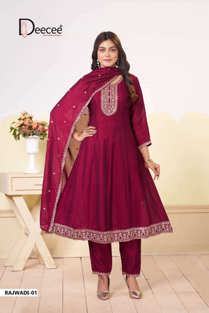 Dee Cee Rajwadi Vichitra Silk Embroidered Anarkali Kurti Pant Dupatta Set - Amrah Wholesale