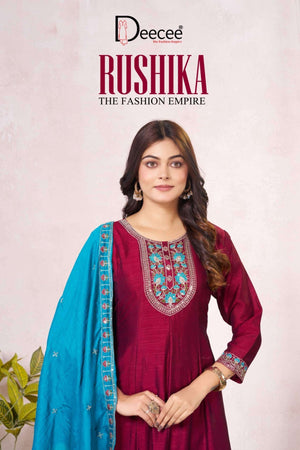 Dee Cee Rushika Vichitra Silk Anarkali Kurti Pant Dupatta Set - Amrah Wholesale