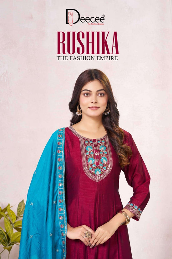 Dee Cee Rushika Vichitra Silk Anarkali Kurti Pant Dupatta Set - Amrah Wholesale
