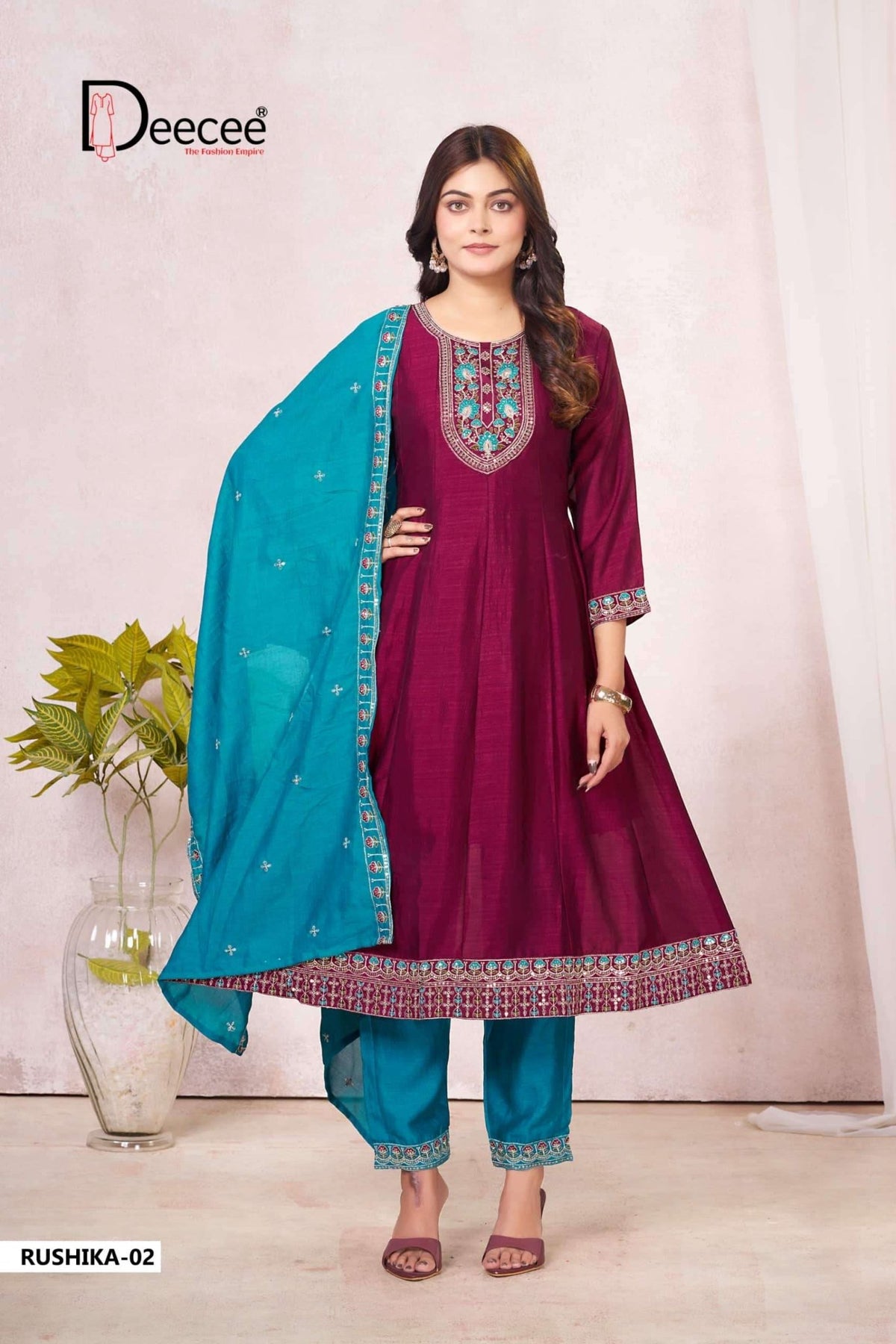 Dee Cee Rushika Vichitra Silk Anarkali Kurti Pant Dupatta Set - Amrah Wholesale