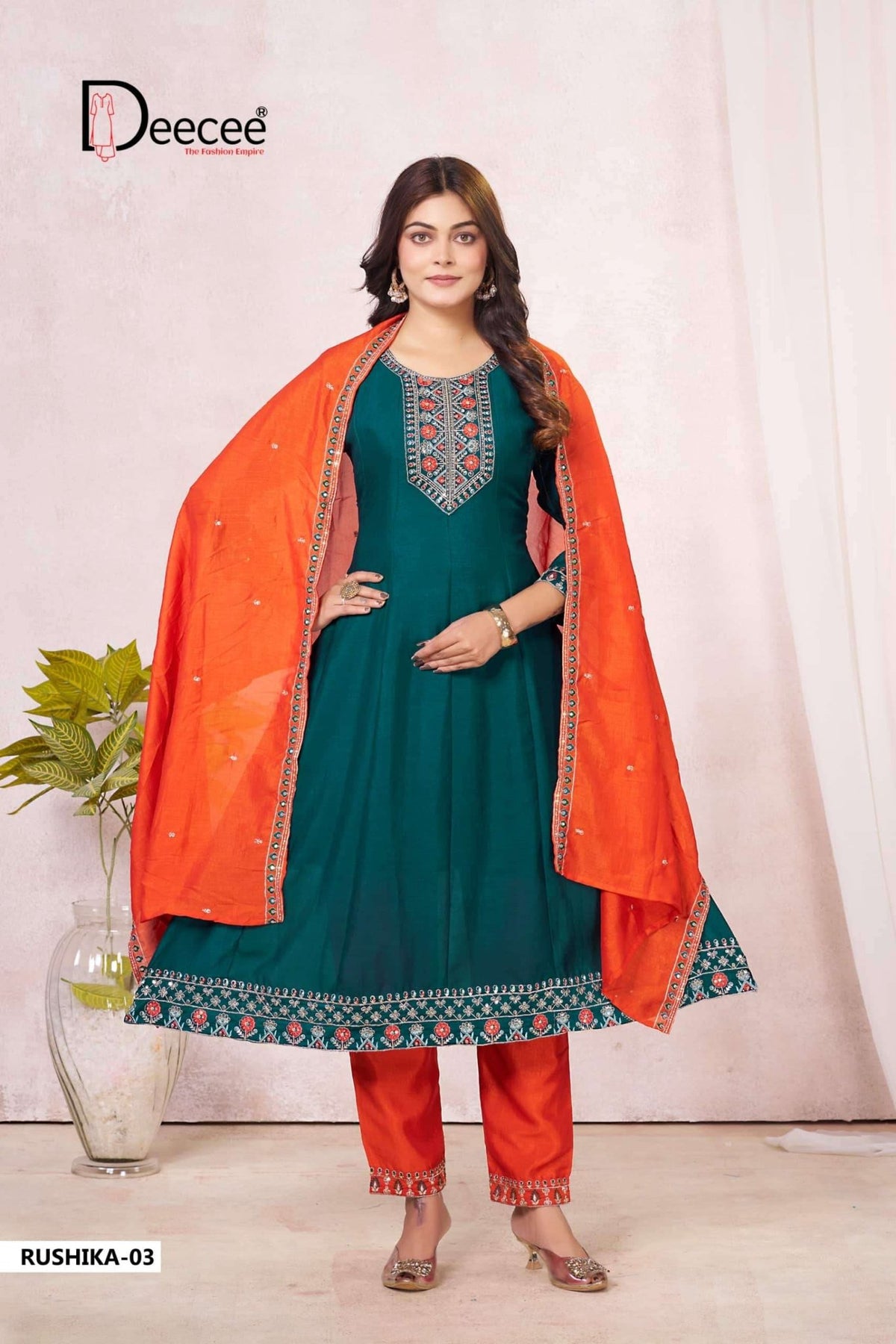 Dee Cee Rushika Vichitra Silk Anarkali Kurti Pant Dupatta Set - Amrah Wholesale
