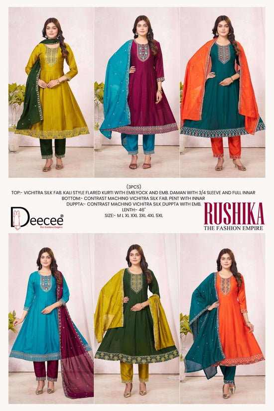 Dee Cee Rushika Vichitra Silk Anarkali Kurti Pant Dupatta Set - Amrah Wholesale