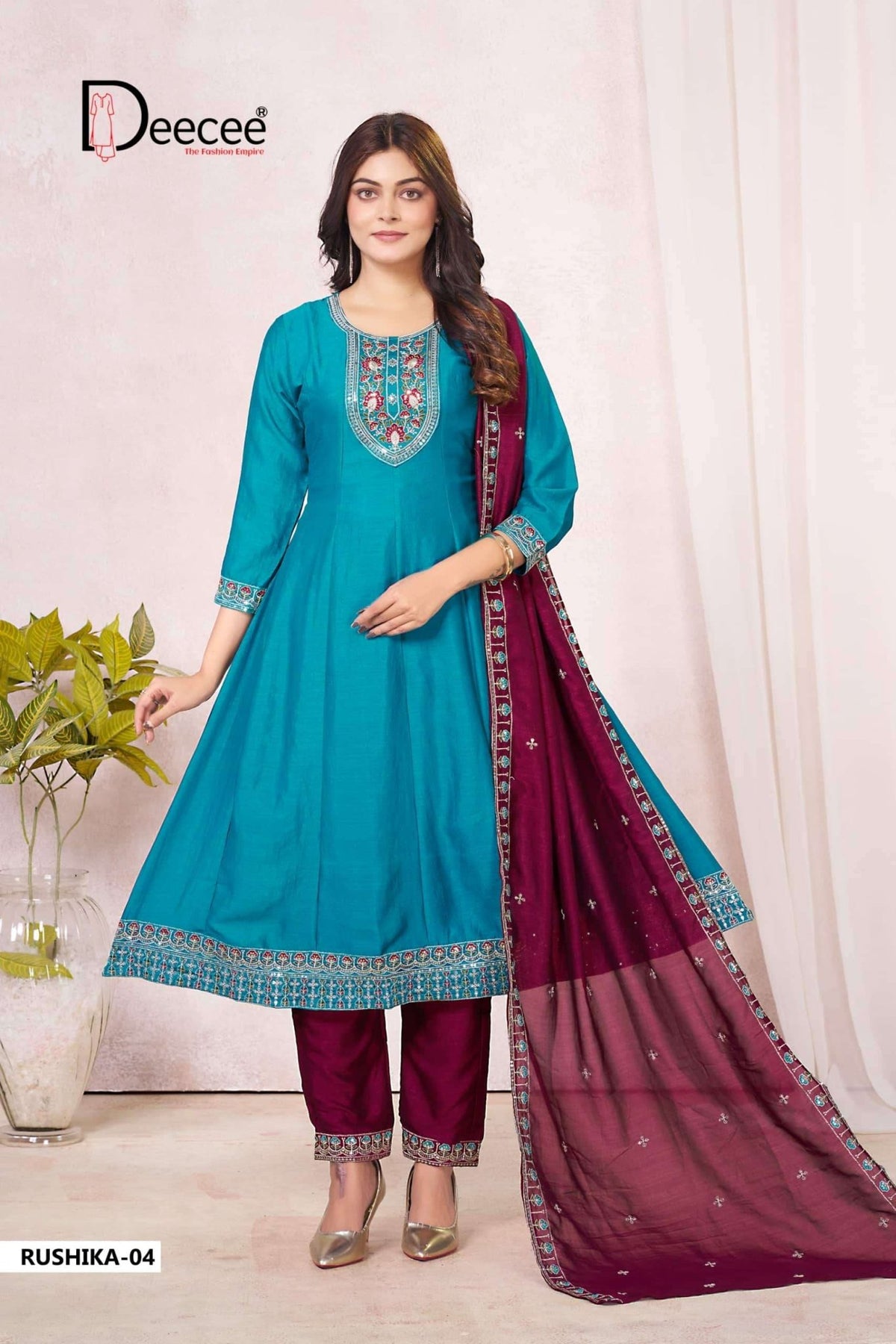 Dee Cee Rushika Vichitra Silk Anarkali Kurti Pant Dupatta Set - Amrah Wholesale
