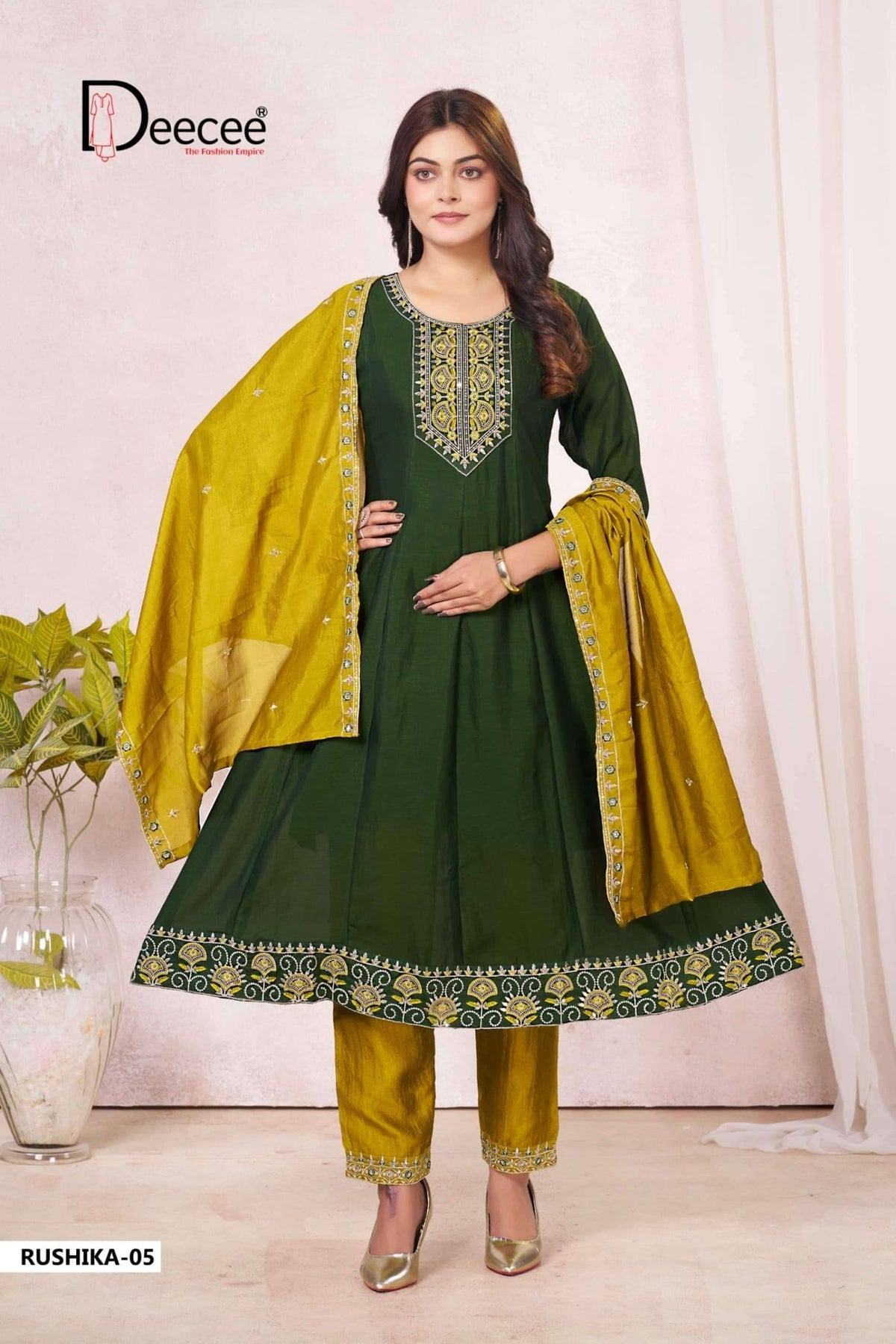 Dee Cee Rushika Vichitra Silk Anarkali Kurti Pant Dupatta Set - Amrah Wholesale