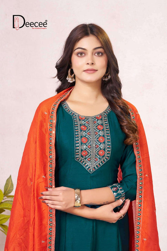Dee Cee Rushika Vichitra Silk Anarkali Kurti Pant Dupatta Set - Amrah Wholesale