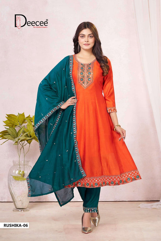 Dee Cee Rushika Vichitra Silk Anarkali Kurti Pant Dupatta Set - Amrah Wholesale