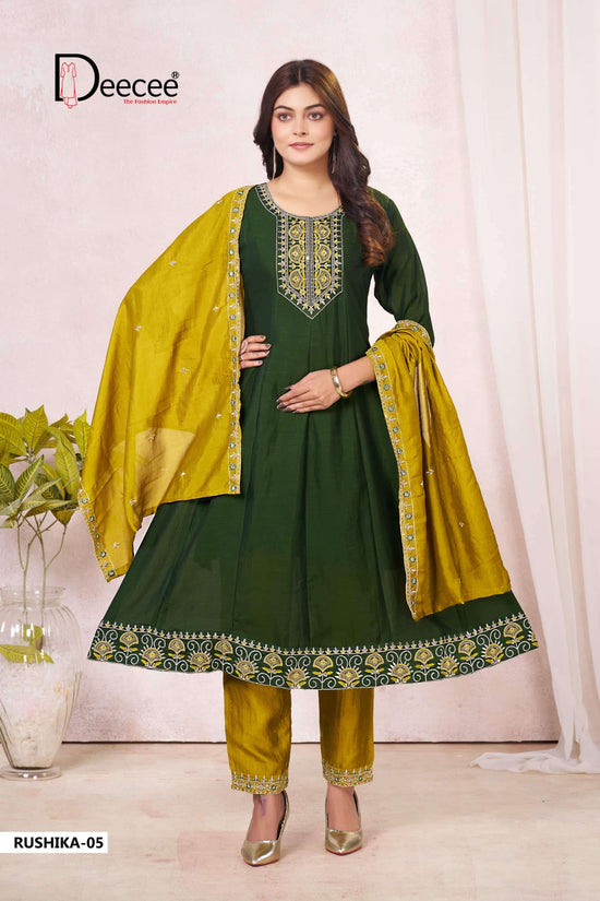 Dee Cee Rushika Vichitra Silk Anarkali Kurti Pant Dupatta Set