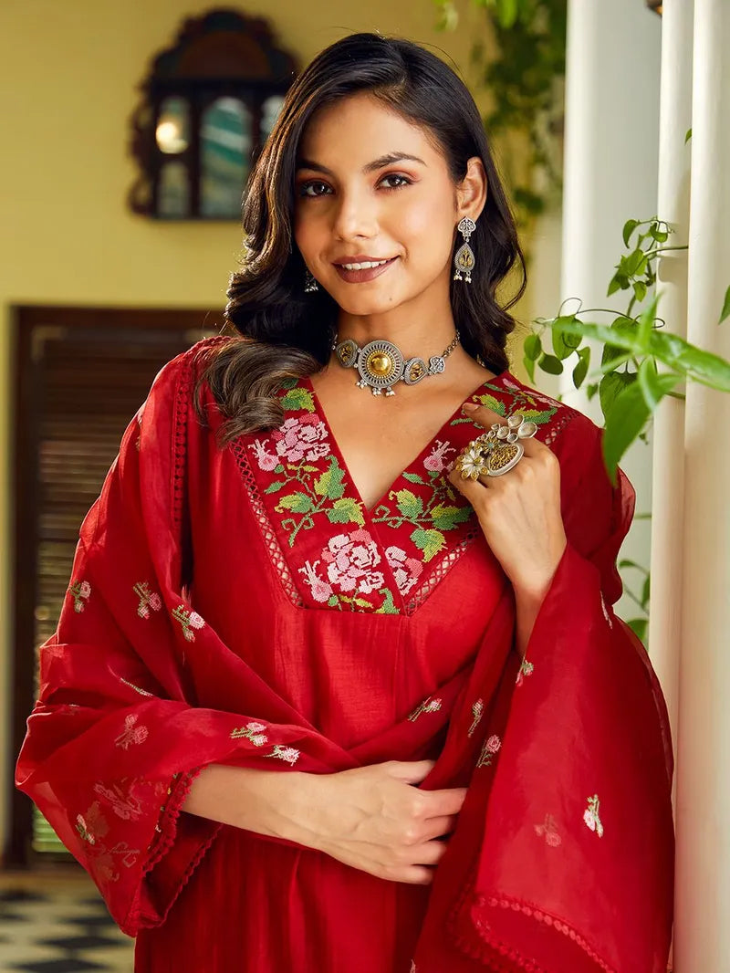 Dhruvi 459 Chanderi Embroidered Kurti Pant Dupatta Set