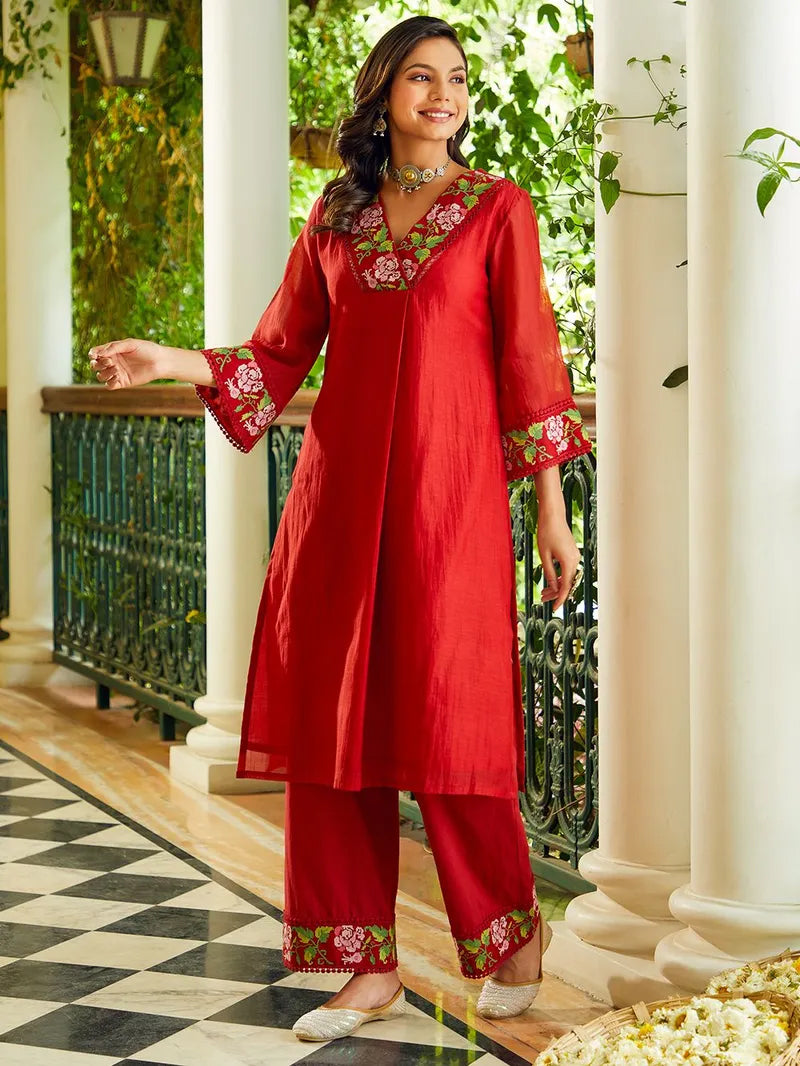 Dhruvi 459 Chanderi Embroidered Kurti Pant Dupatta Set