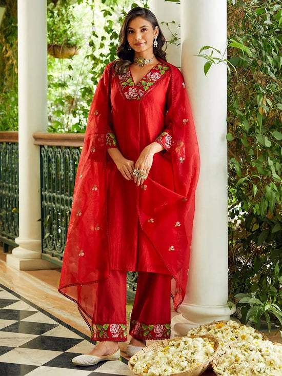 Dhruvi 459 Chanderi Embroidered Kurti Pant Dupatta Set