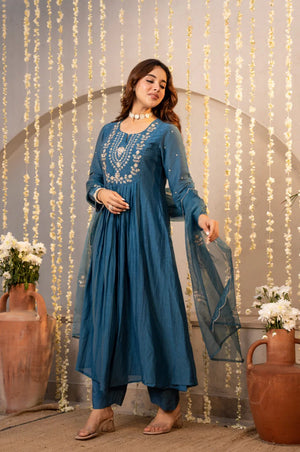 Amrah Dhruvi 475 Silk Embroidered Anarkali Kurti Pant Dupatta Set