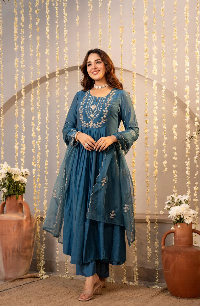 Amrah Dhruvi 475 Silk Embroidered Anarkali Kurti Pant Dupatta Set