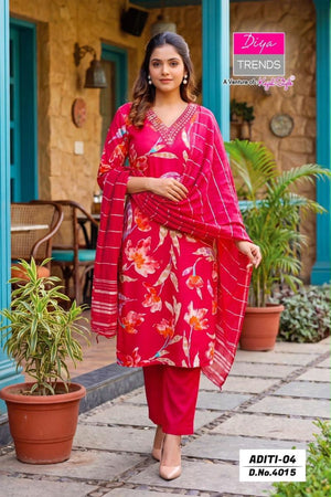 Diya Trends Aditi Vol 4 Heavy Rayon Printed Kurti Pant Dupatta Set