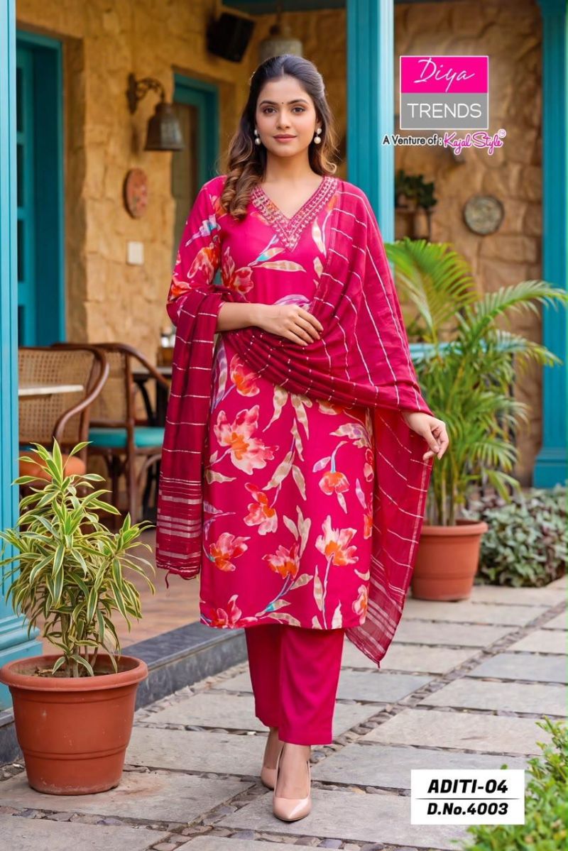 Diya Trends Aditi Vol 4 Heavy Rayon Printed Kurti Pant Dupatta Set