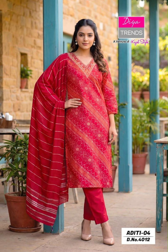 Diya Trends Aditi Vol 4 Heavy Rayon Printed Kurti Pant Dupatta Set