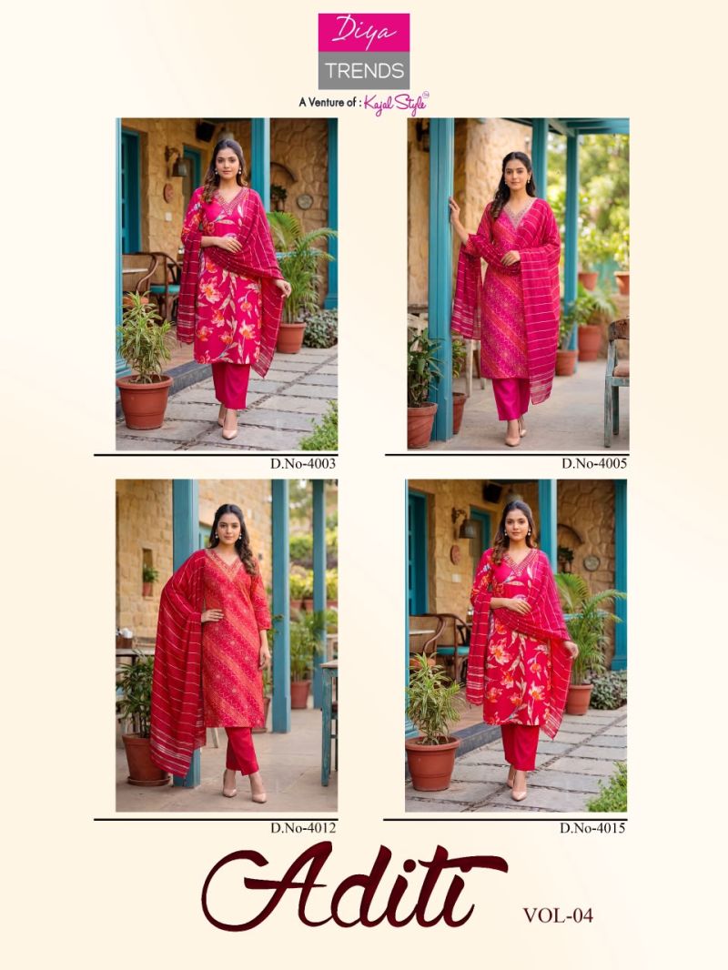 Diya Trends Aditi Vol 4 Heavy Rayon Printed Kurti Pant Dupatta Set