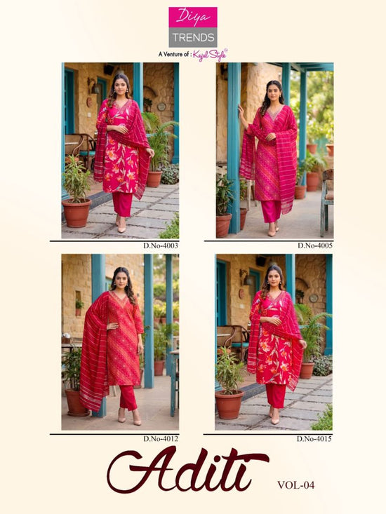 Diya Trends Aditi Vol 4 Heavy Rayon Printed Kurti Pant Dupatta Set