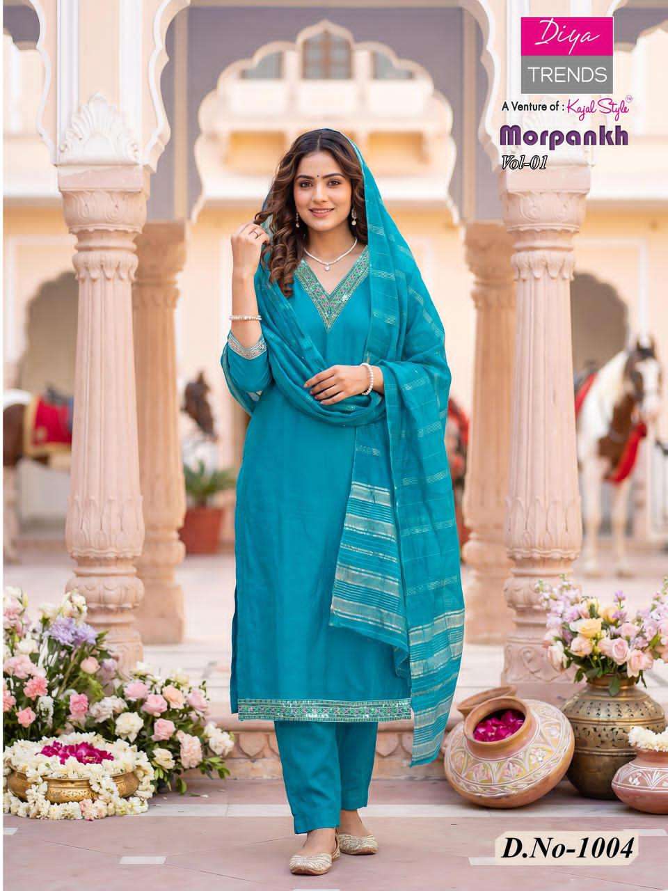 Diya Trends Morpankh Vol 1 Vertican Embroidered Kurti Pant Dupatta Set