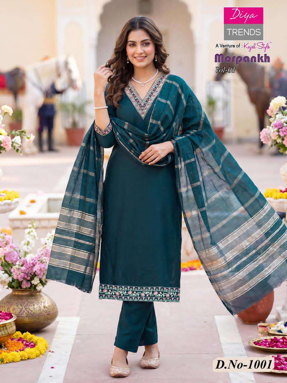 Diya Trends Morpankh Vol 1 Vertican Embroidered Kurti Pant Dupatta Set
