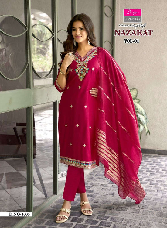 Diya Trends Nazakat Vol 1 Barlin Kurti Pant Dupatta Set - Amrah Wholesale