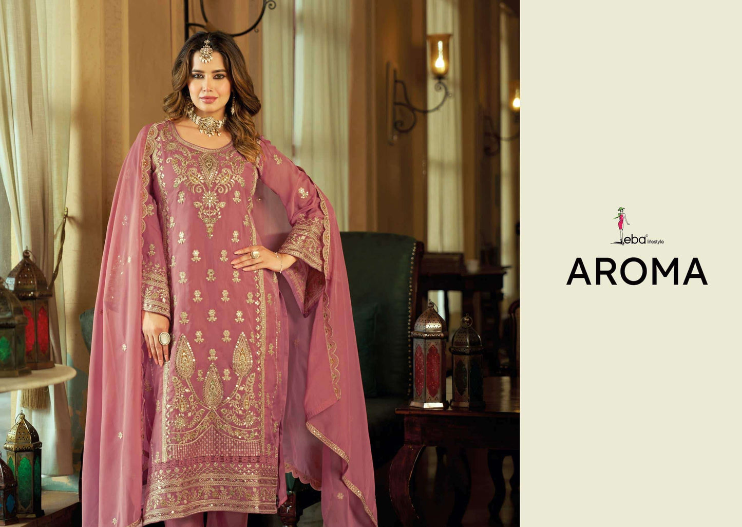 Eba Lifestyle Aroma Soft Organza Embroidered Kurti Pant Dupatta Set