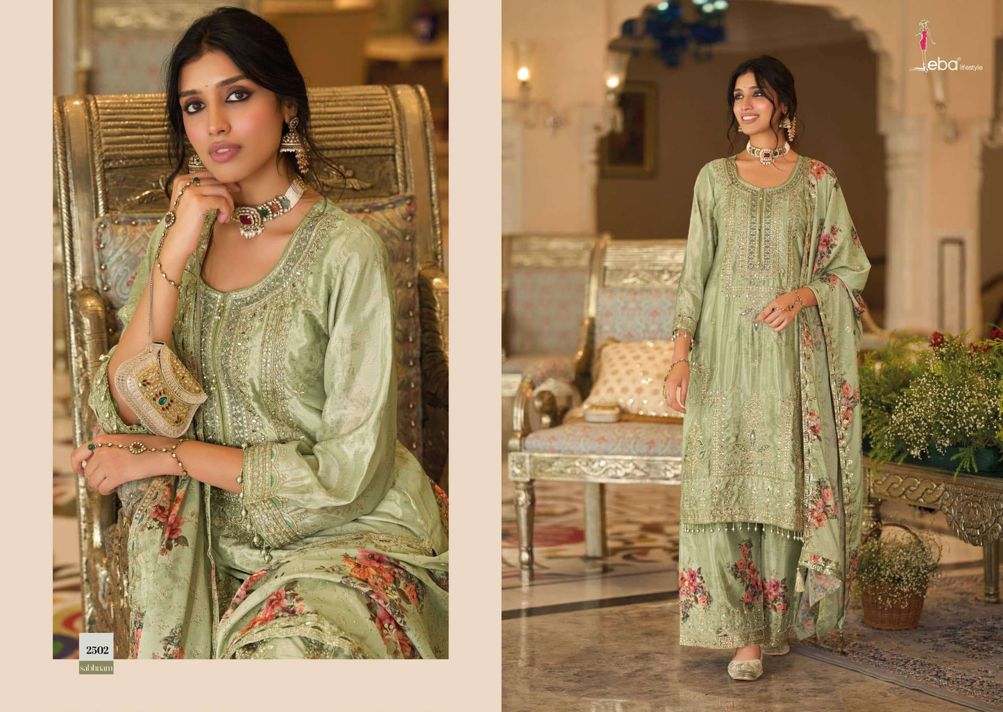Eba Lifestyle Sabhnam Heavy Chinon Designer Kurti Pant Dupatta Set