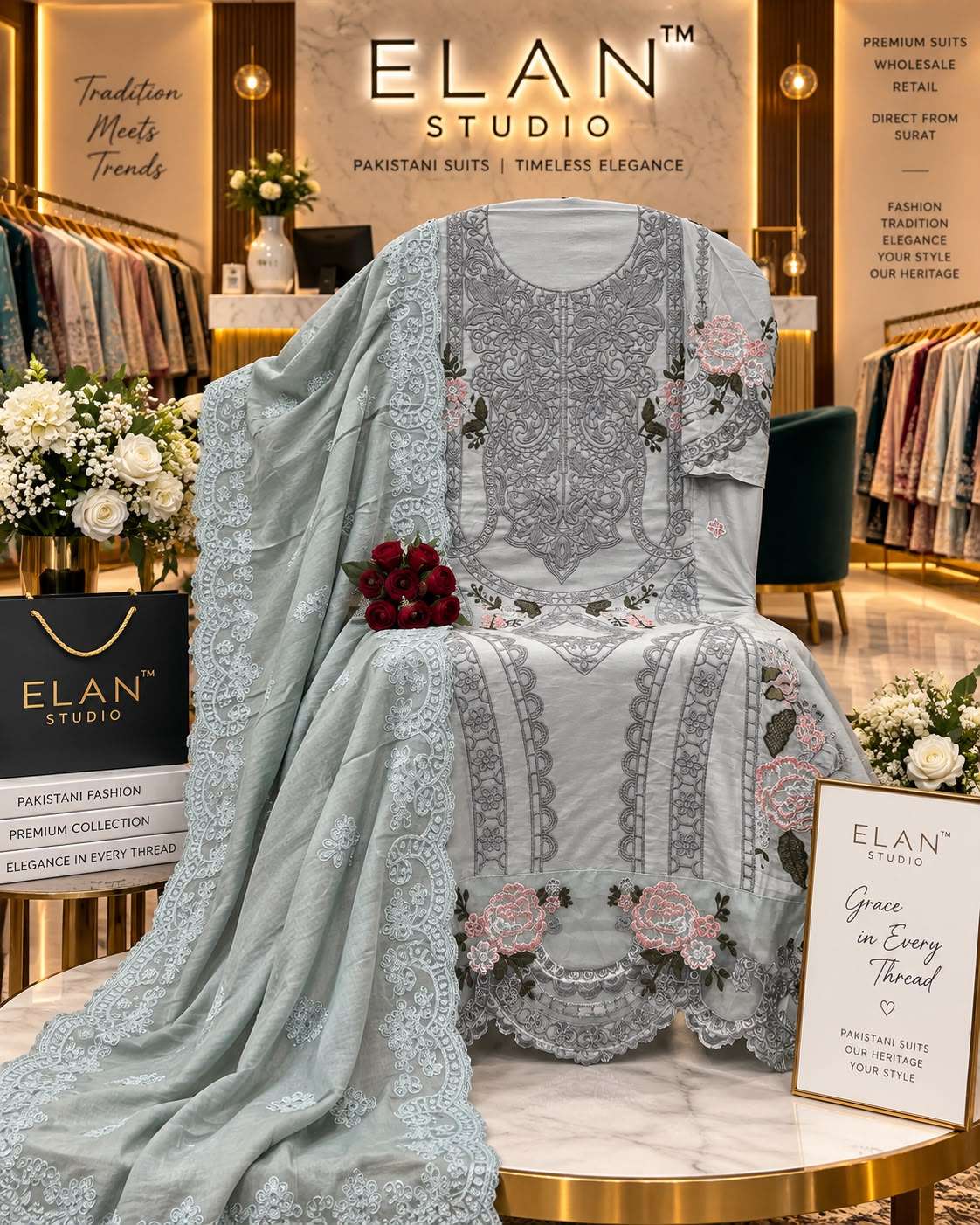 Elan Lawn Studio E-49 Cambric Cotton Embroidery Pakistani Suit