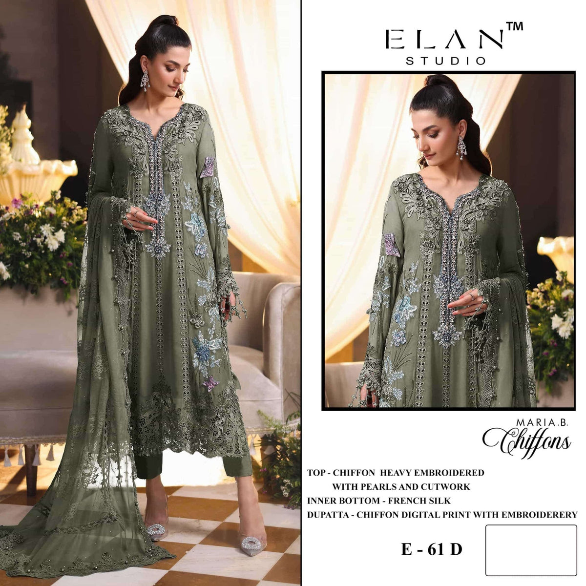 ELAN Lawn Studio E-61 Heavy Chiffon Embroidered Semi Stitched Pakistani Suit - Amrah Wholesale