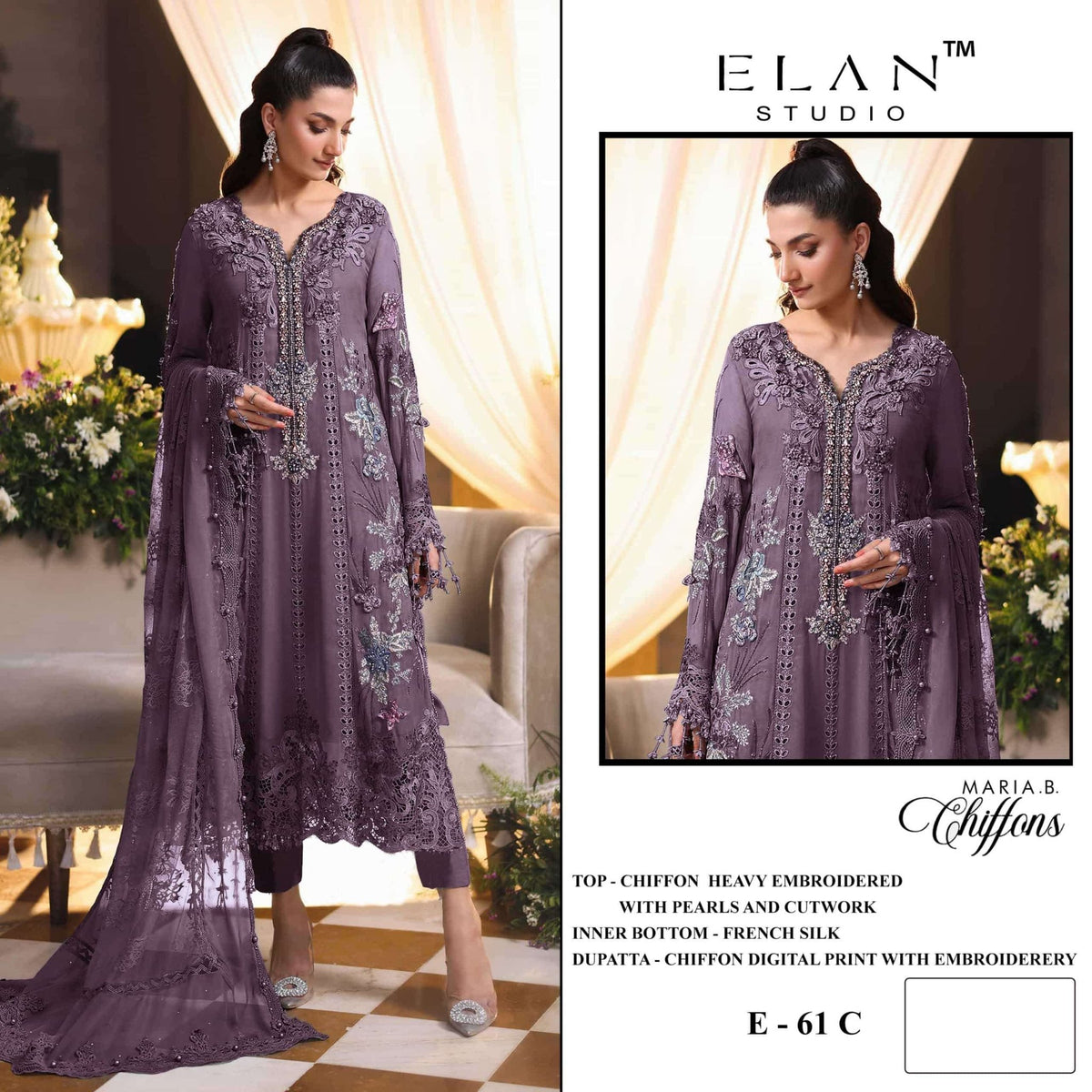 ELAN Lawn Studio E-61 Heavy Chiffon Embroidered Semi Stitched Pakistani Suit - Amrah Wholesale